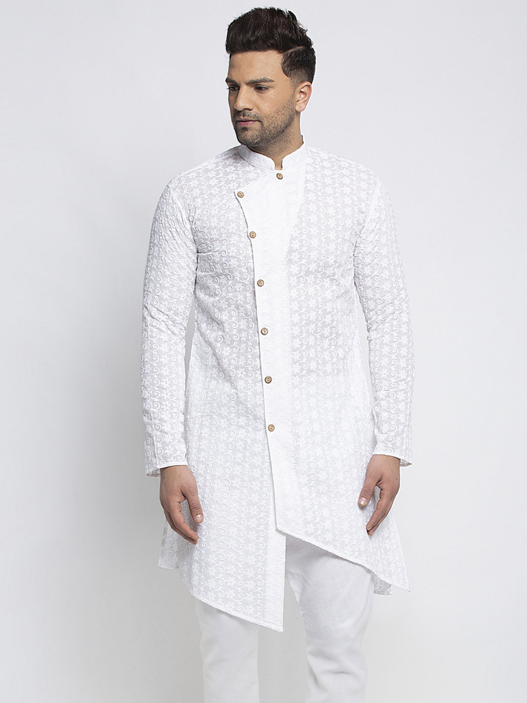 Men's Solid Deep Green Chikankari Designer Cotton Kurta With Pyjamas b –  Sanwara Fashions